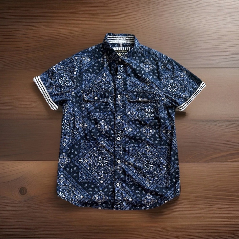 English Laundry Men's Small S Navy Blue Paisley Bandana Print Button Down Shirt